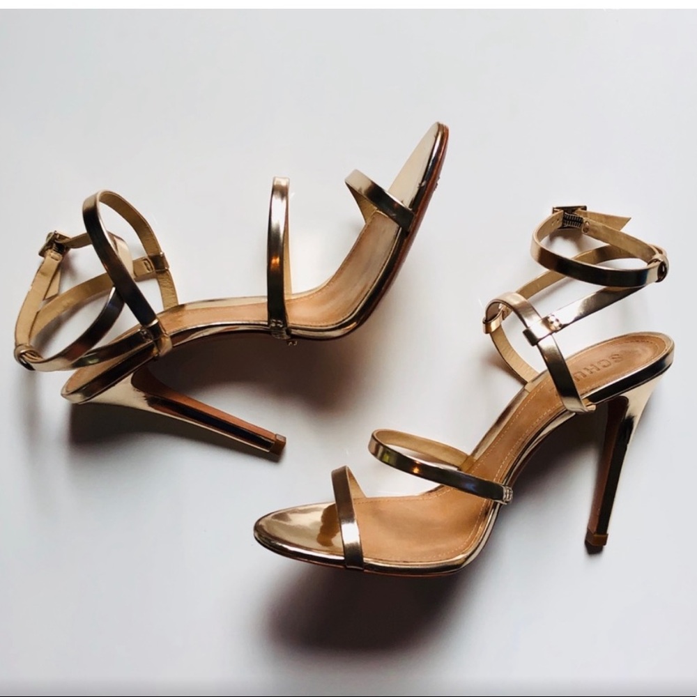 SHUTZ LLARA Gold Strappy Sandals Heels Shoes Sz 9
